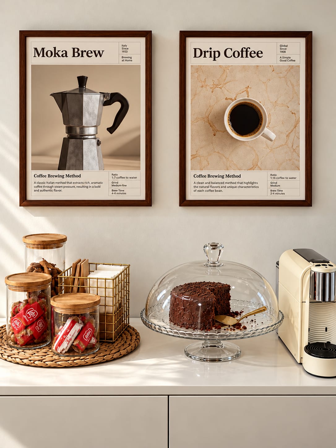 Canto de café com quadros, bolo sob cúpula de vidro e máquina de café
